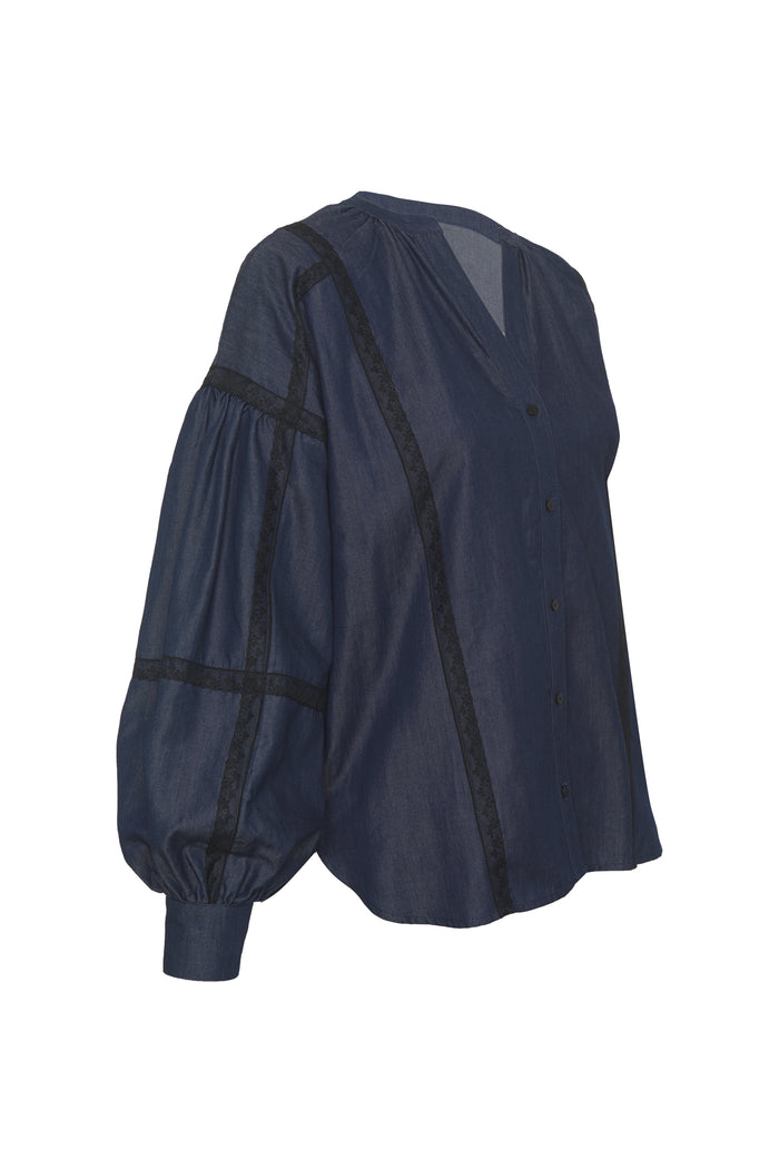 Gold Hawk Denim Tencel Lace Trim Shirt