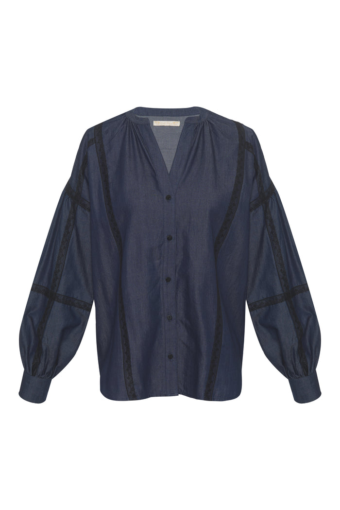 gold hawk Denim Tencel Lace Trim Shirt