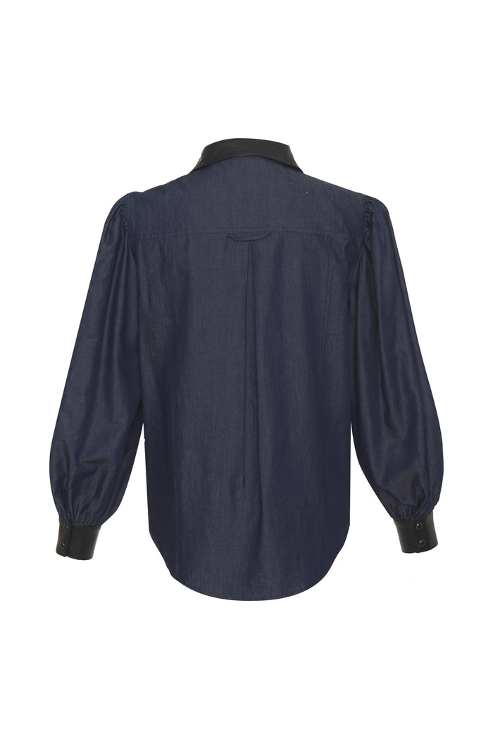 Gold Hawk Denim Tencel Leather Trim Shirt