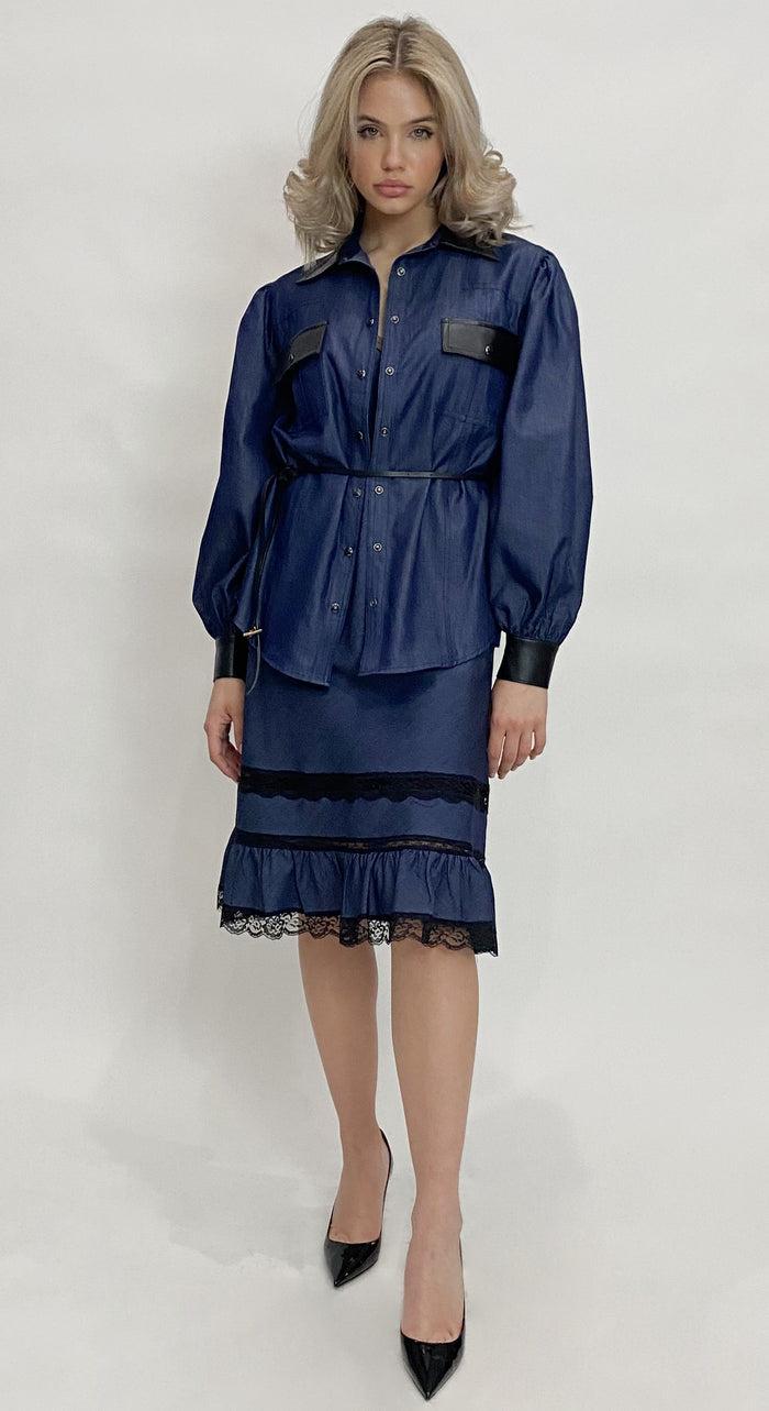 Gold Hawk Denim Tencel Leather Trim Shirt