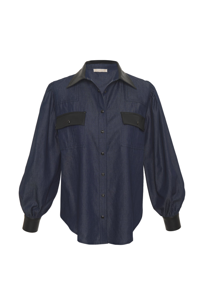 gold hawk Denim Tencel Leather Trim Shirt