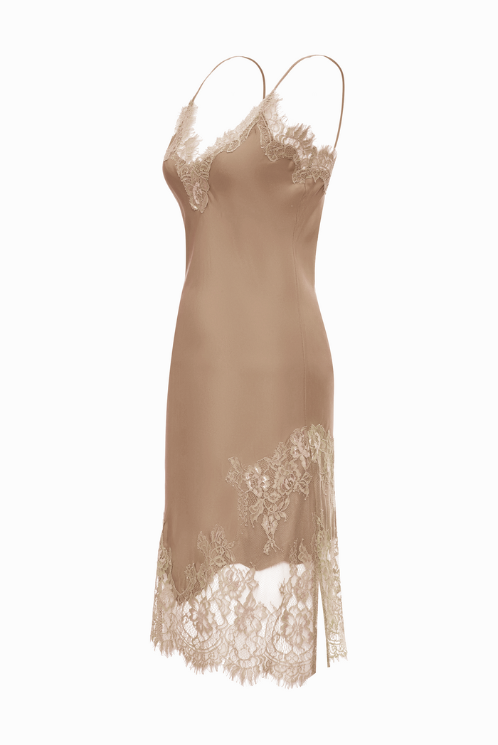 Gold Hawk Grace Lace Silk Dress - Dune Sand