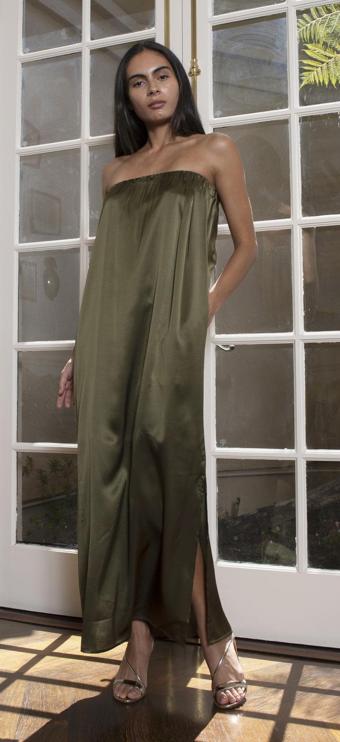 Gold Hawk Layla Pleated Long Dress Dark Olive