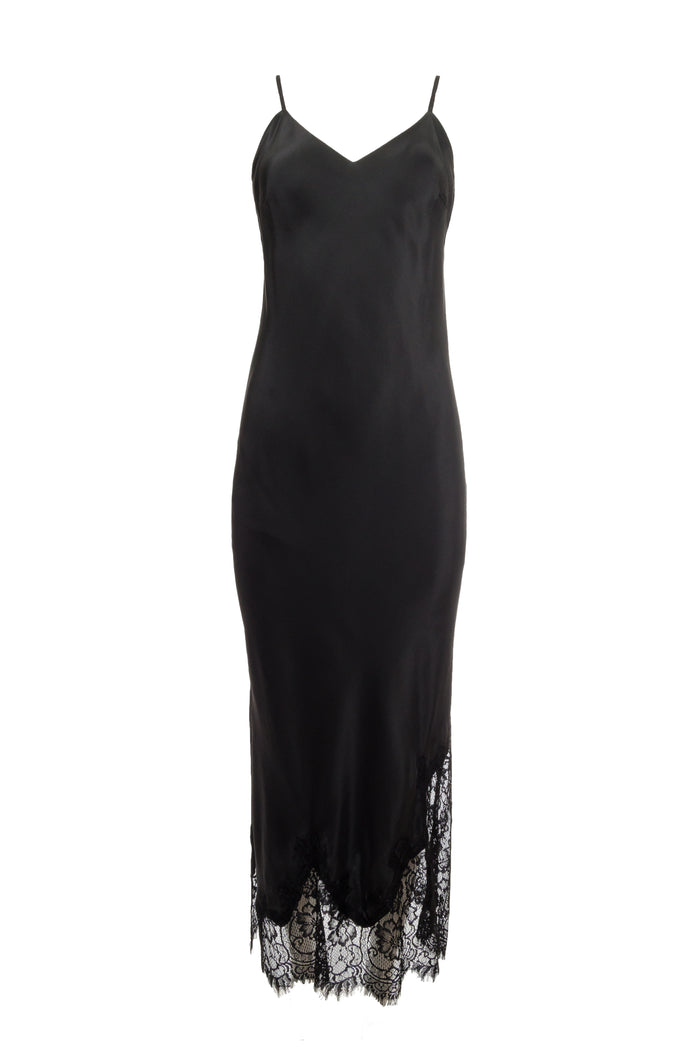 gold hawk Long Silk Lace Slip Dress Black
