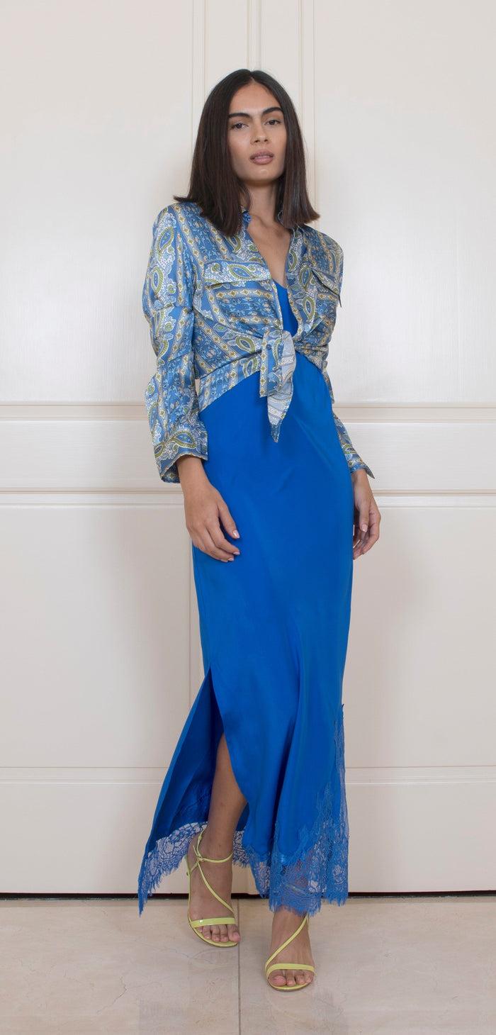 Gold Hawk Long Silk Lace Slip Dress Dove