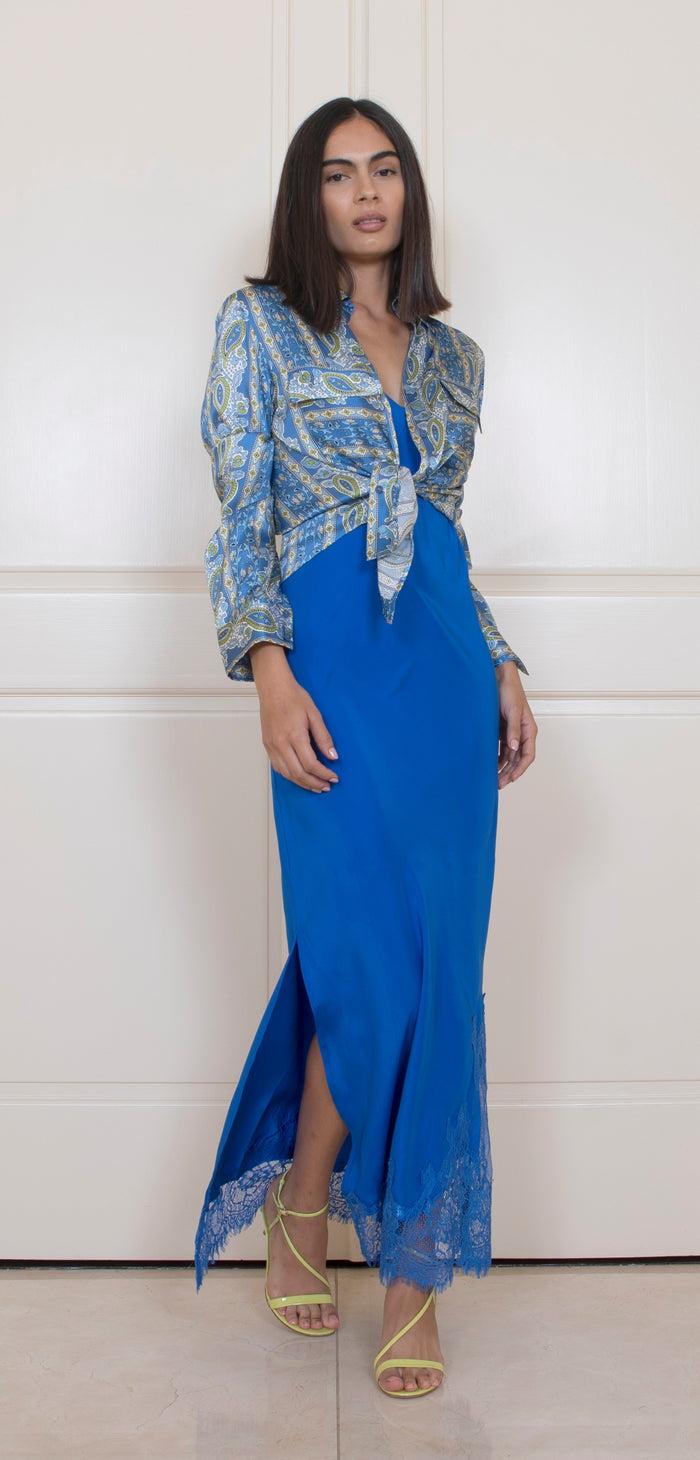 Gold Hawk Long Silk Lace Slip Dress True Blue