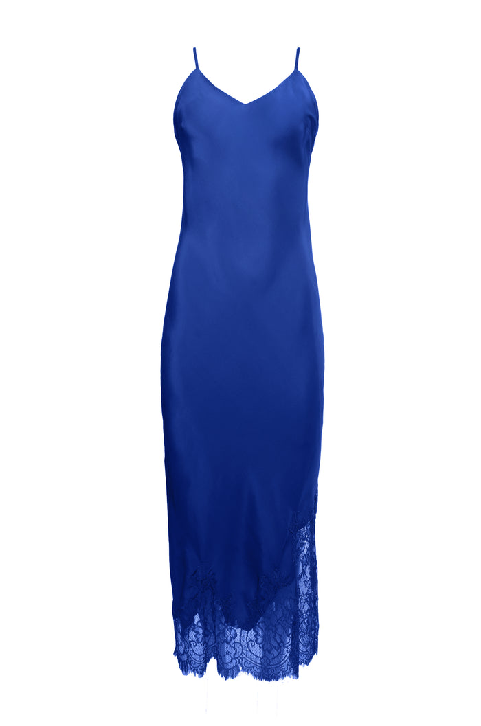 gold hawk Long Silk Lace Slip Dress True Blue
