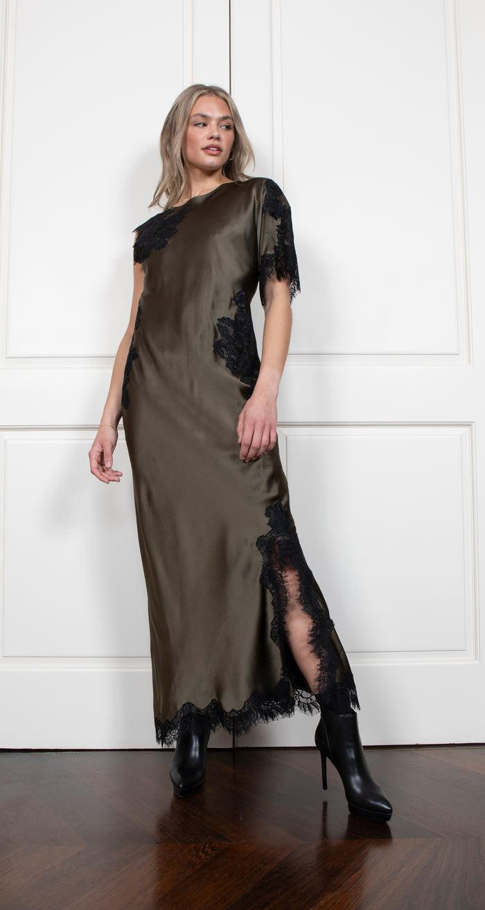 Gold Hawk Luna Long Bias Dress - Moss Green