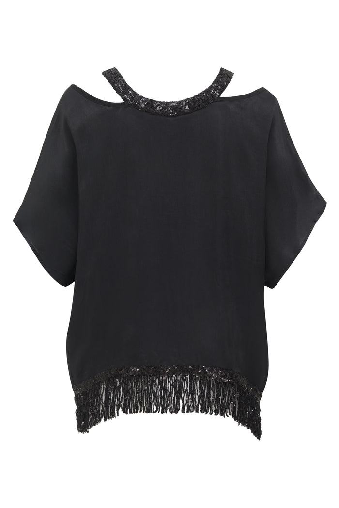 Gold Hawk Now 60% OFF -Sequin Fringe Cutout Top