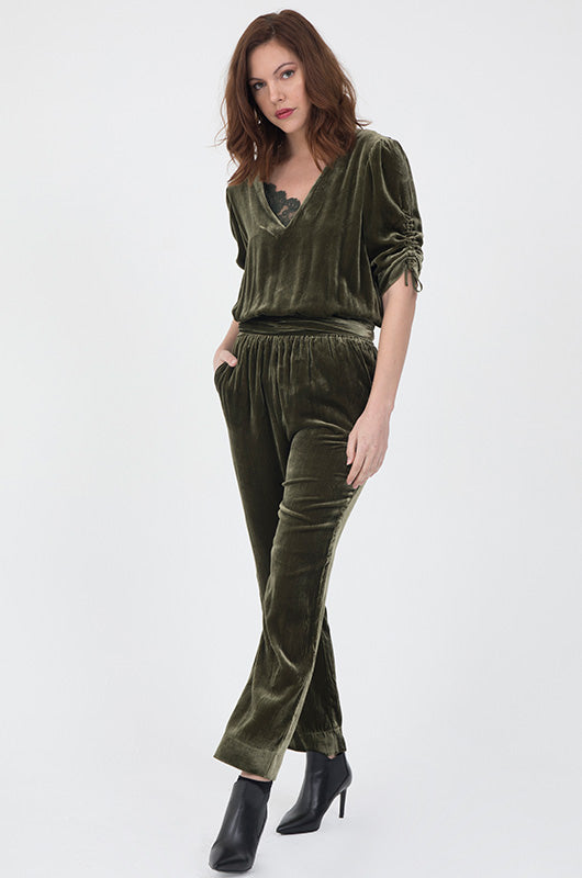 Gold Hawk Now 80% OFF- Velvet Ruched Sleeve Jumpsuit