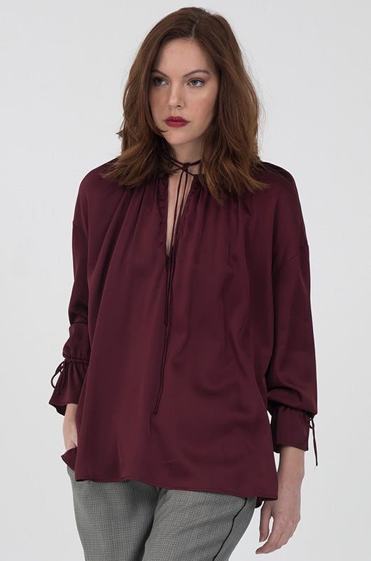 Gold Hawk Pleasant Wrap Front Tie Top -Burgundy