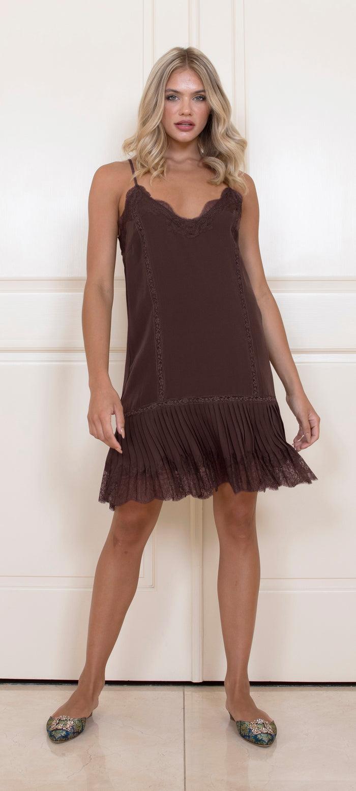 Gold Hawk Pleated Lace Silk Dress Dark Chocolate