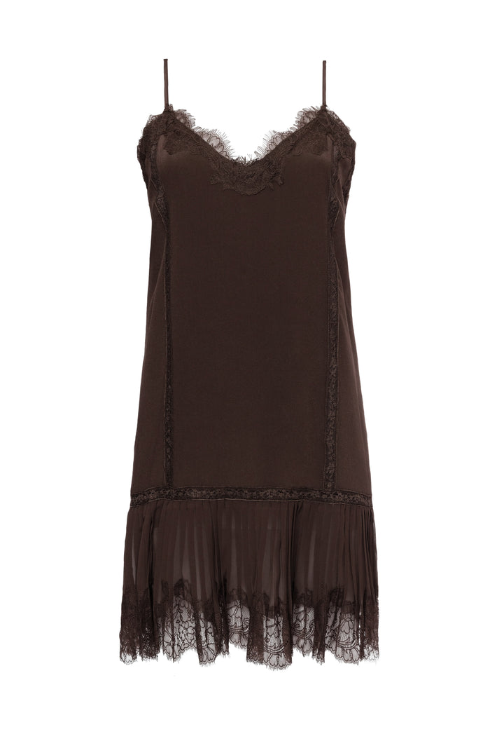 gold hawk Pleated Lace Silk Dress Dark Chocolate