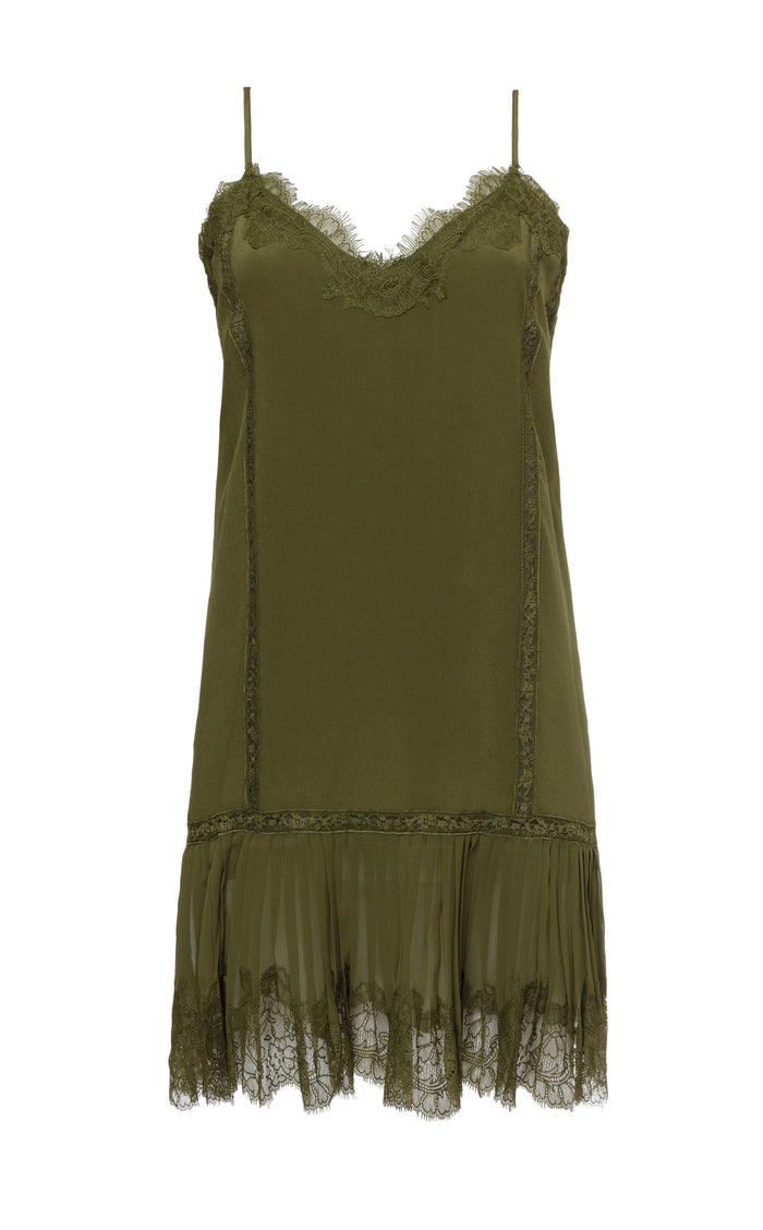 gold hawk Pleated Lace Silk Dress Dark Olive