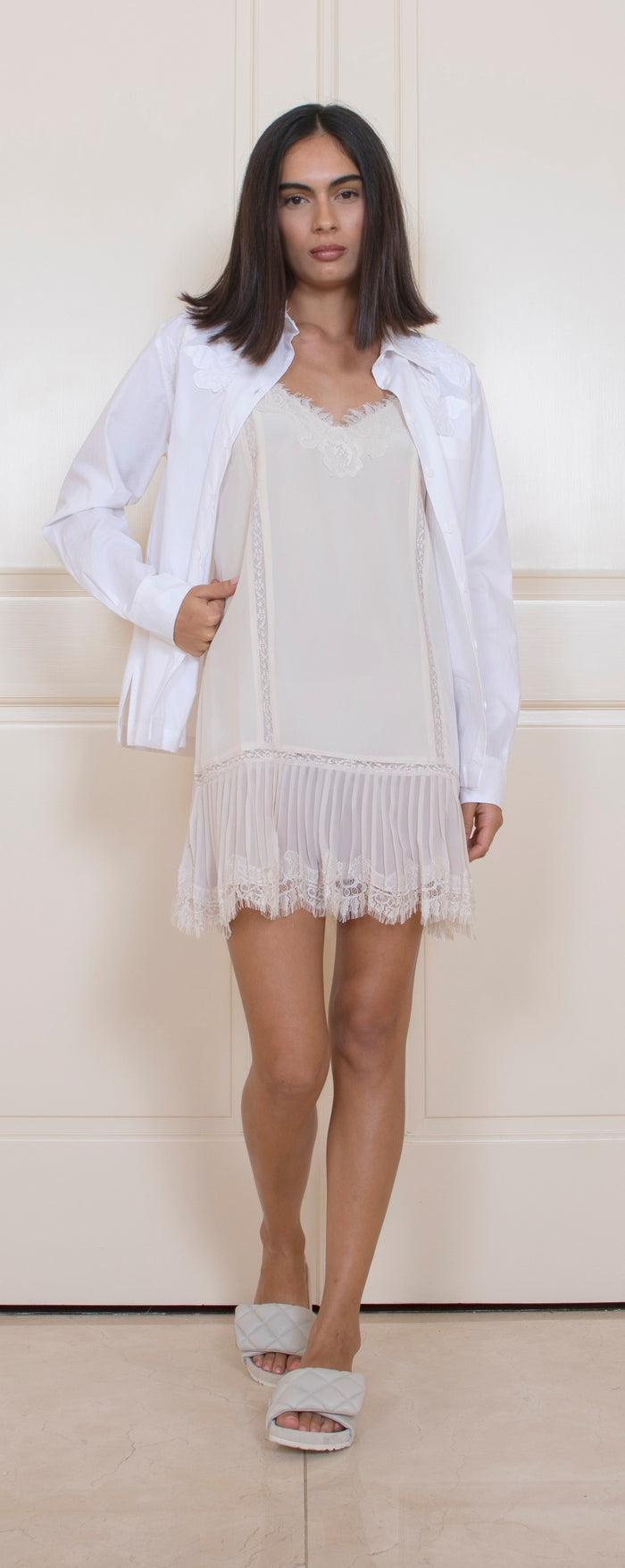 Gold Hawk Pleated Lace Silk Dress Dove