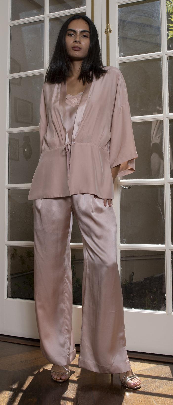 Gold Hawk Pleated Silk Robe Nude Smoke