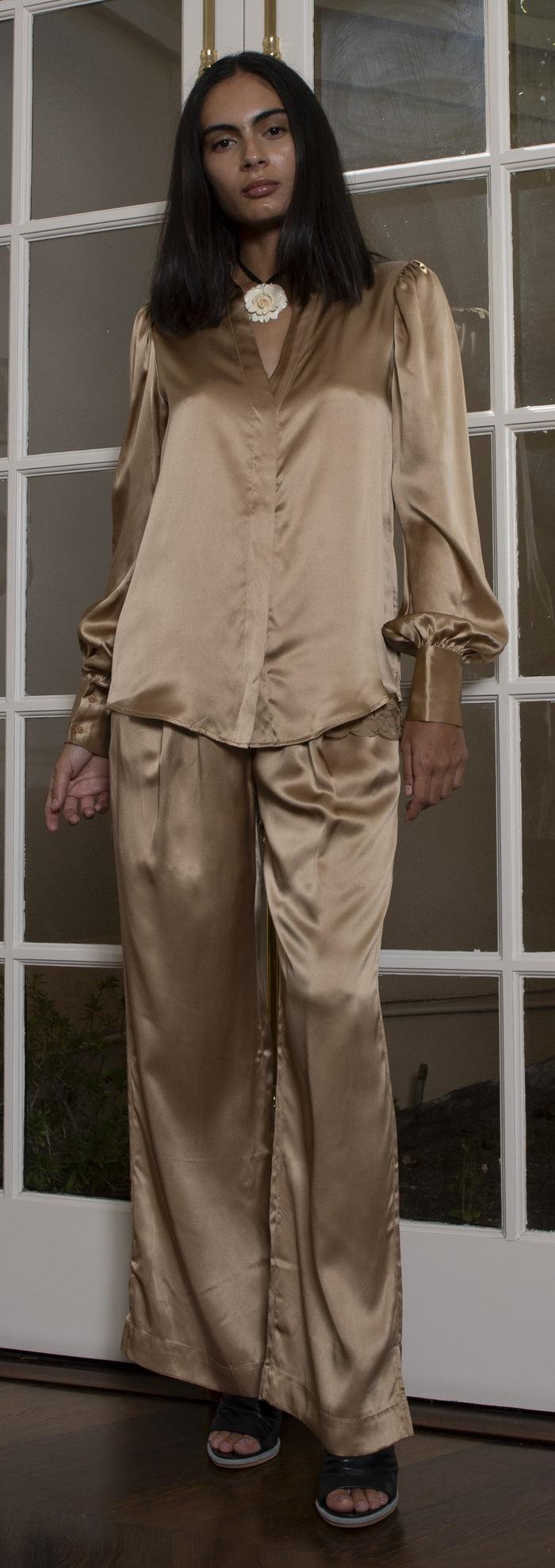 Gold Hawk Romantic Silk Shirt - Dune Sand