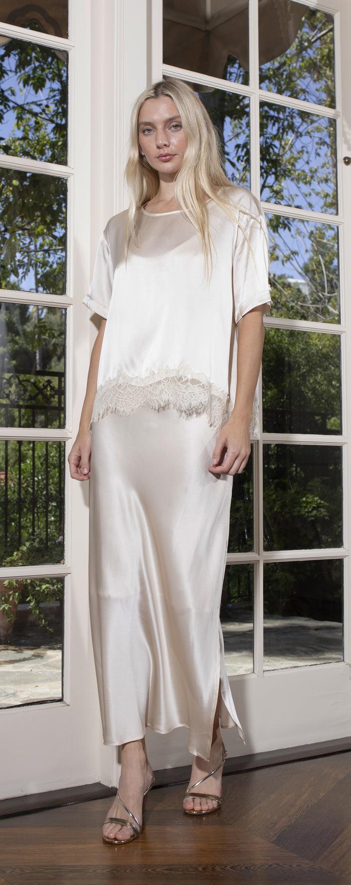 Gold Hawk Silk Bias Long Skirt Nude Smoke