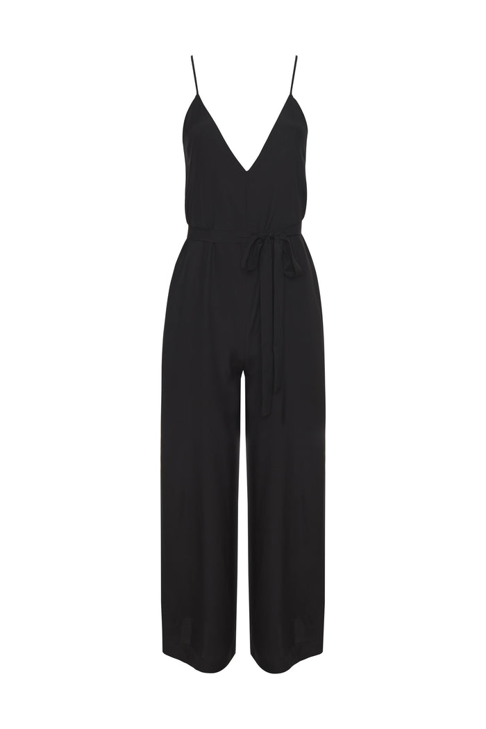 Gold Hawk Silk V-Neck Jumpsuit Black