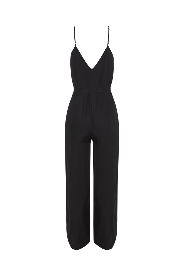 Gold Hawk Silk V-Neck Jumpsuit Black
