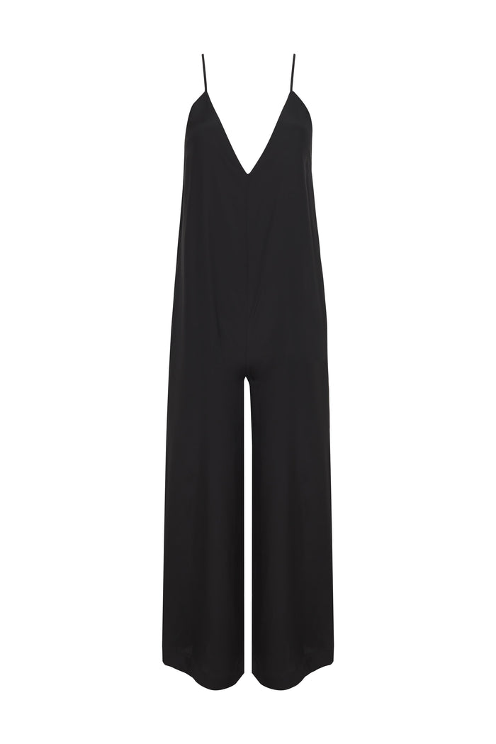 gold hawk Silk V-Neck Jumpsuit Black