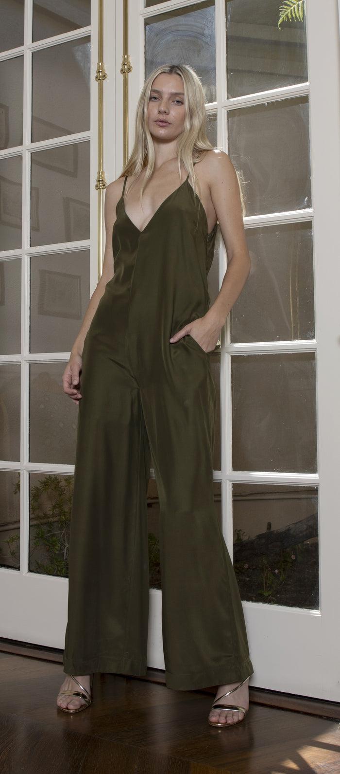 Gold Hawk Silk V-Neck Jumpsuit Dark Olive