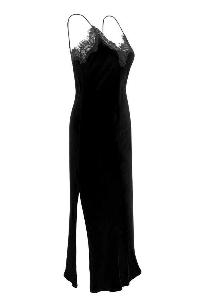 Gold Hawk Velvet Coco Lace Long Slip Dress Black
