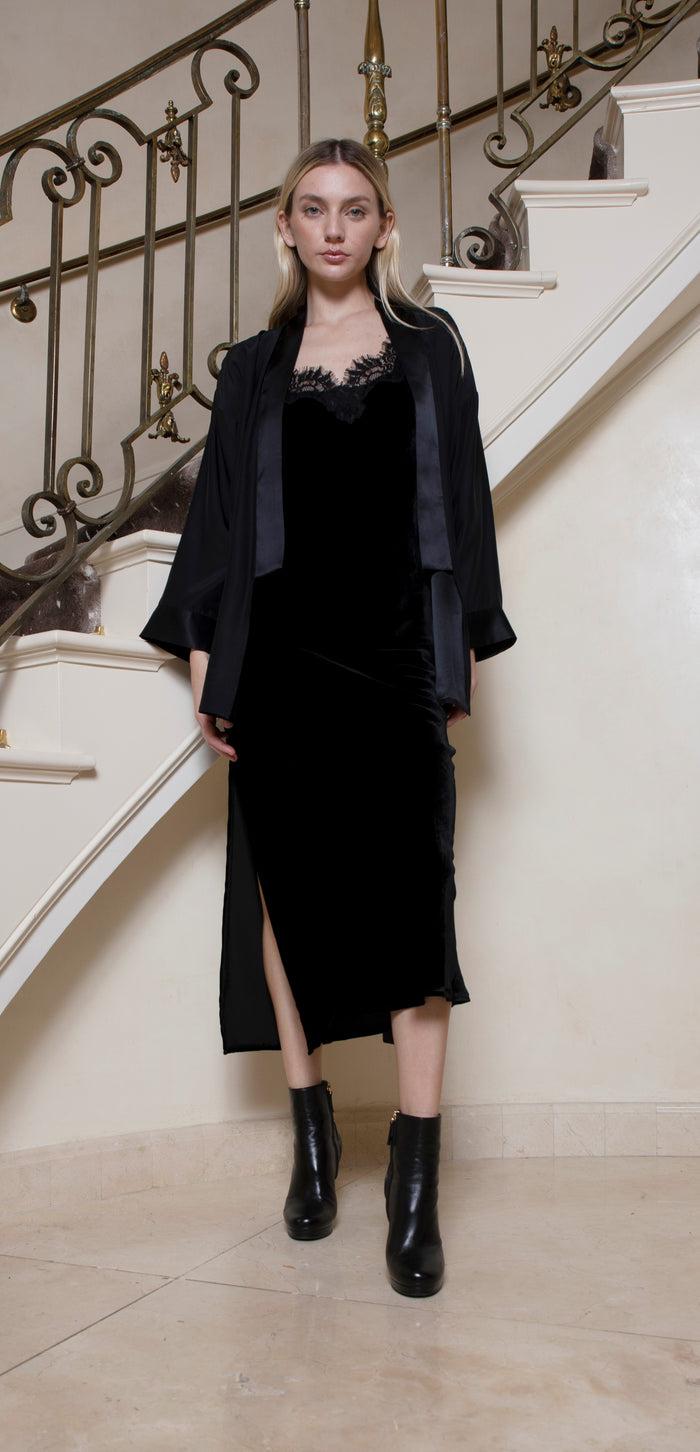 Gold Hawk Velvet Coco Lace Long Slip Dress Black