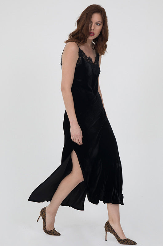 Gold Hawk Velvet Coco Lace Long Slip Dress Black