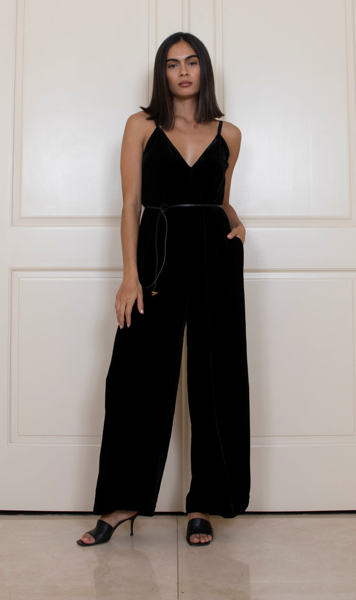 Gold Hawk Velvet Jumpsuit - Black