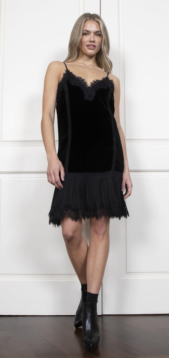 Gold Hawk Velvet Pleated Panel Dress - Black