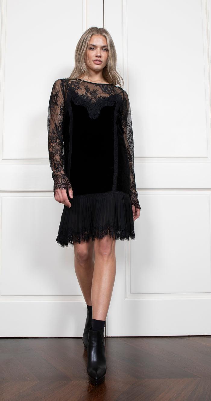 Gold Hawk Velvet Pleated Panel Dress - Black