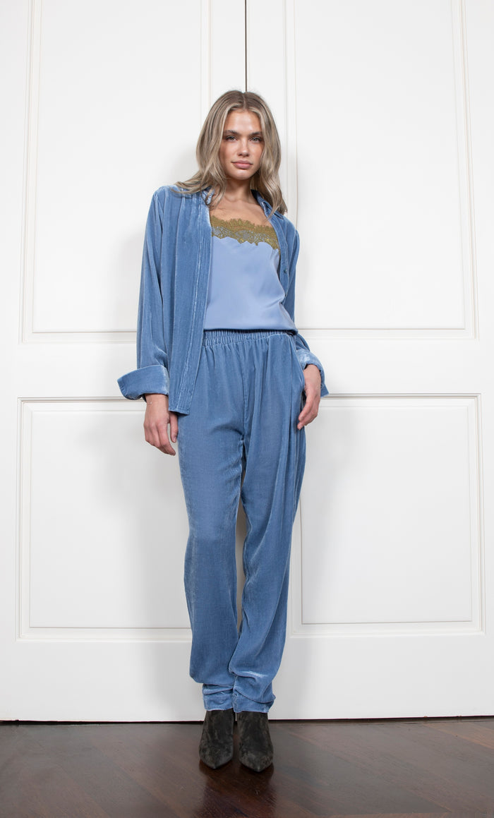 Gold Hawk Velvet Straight Cut Pant - Ash Blue