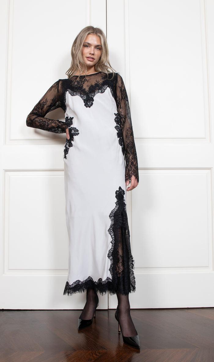 Gold Hawk Harper Strap Long Bias Dress - Antique White/Black Lace
