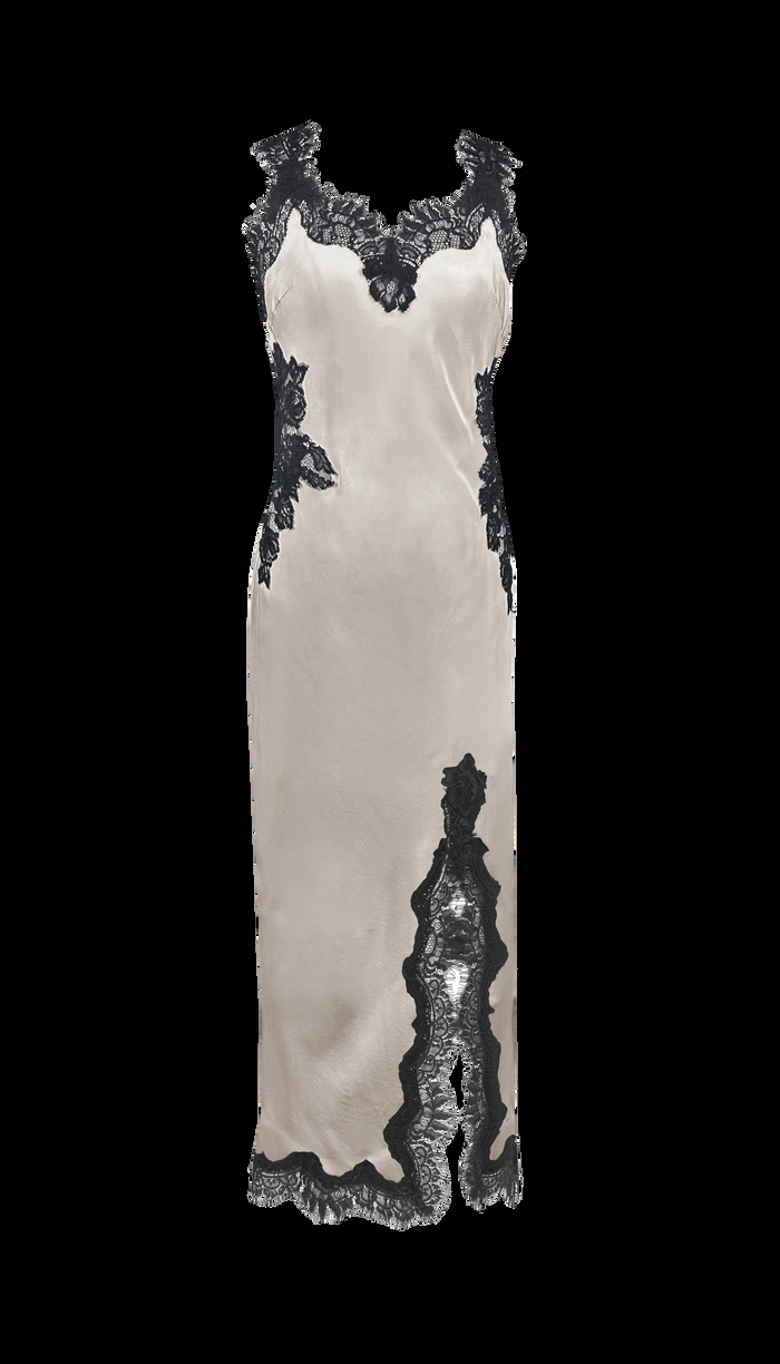 gold hawk Harper Strap Long Bias Dress - Antique White/Black Lace
