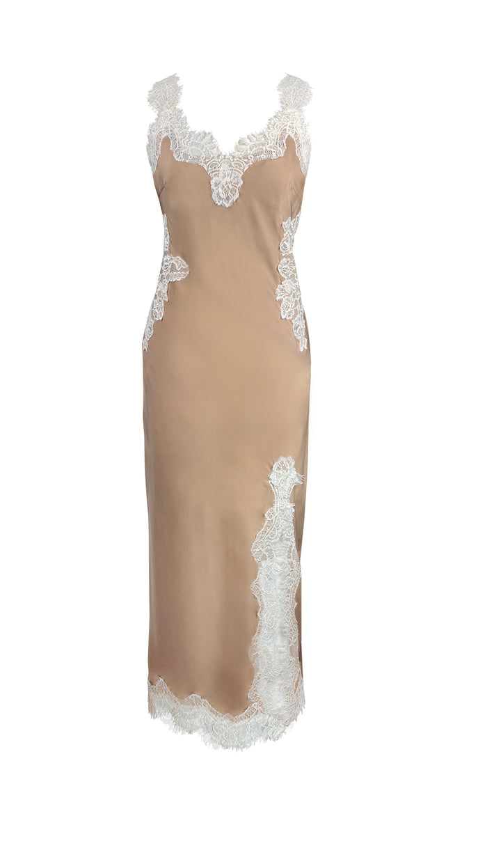 gold hawk Harper Strap Long Bias Dress - Dune Sand/Pearl