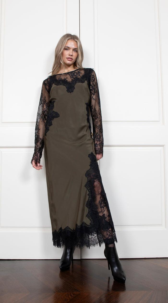 Gold Hawk Harper Strap Long Bias Dress - Moss Green/Black Lace