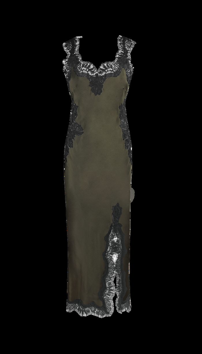 gold hawk Harper Strap Long Bias Dress - Moss Green/Black Lace