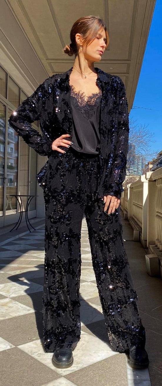 Gold Hawk Now 60% OFF - Lexi Sequin Wide Leg Pant - Black