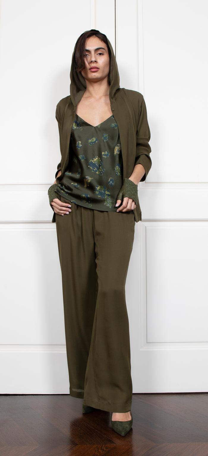 Gold Hawk Printed Silk Cami - Moss Green Flora Garden