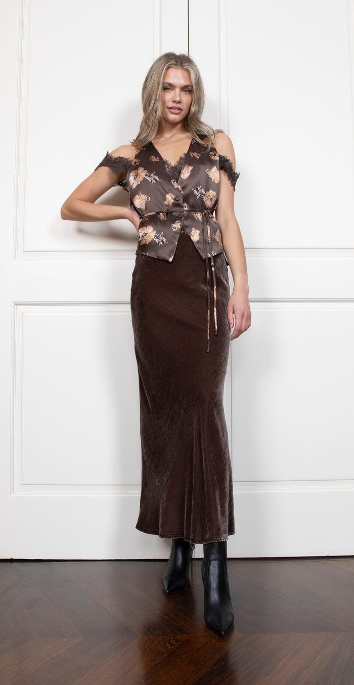 Gold Hawk Velvet Harper Strap Long Bias Dress - Fudge