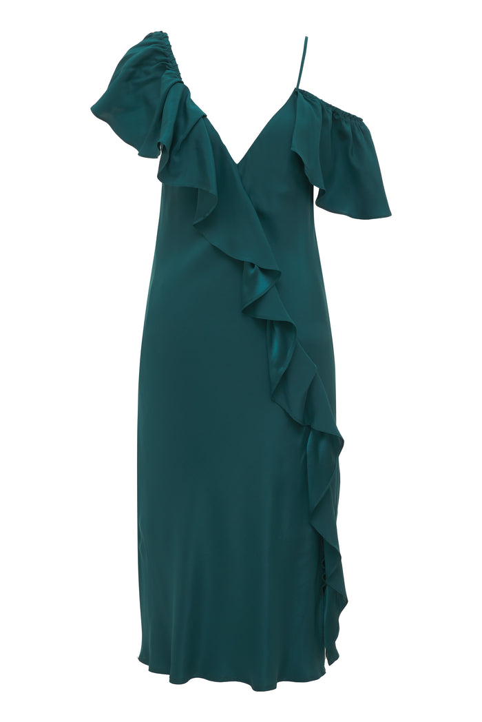 gold hawk Victoria Ruffle Bias Dress Charmeuse Cypress