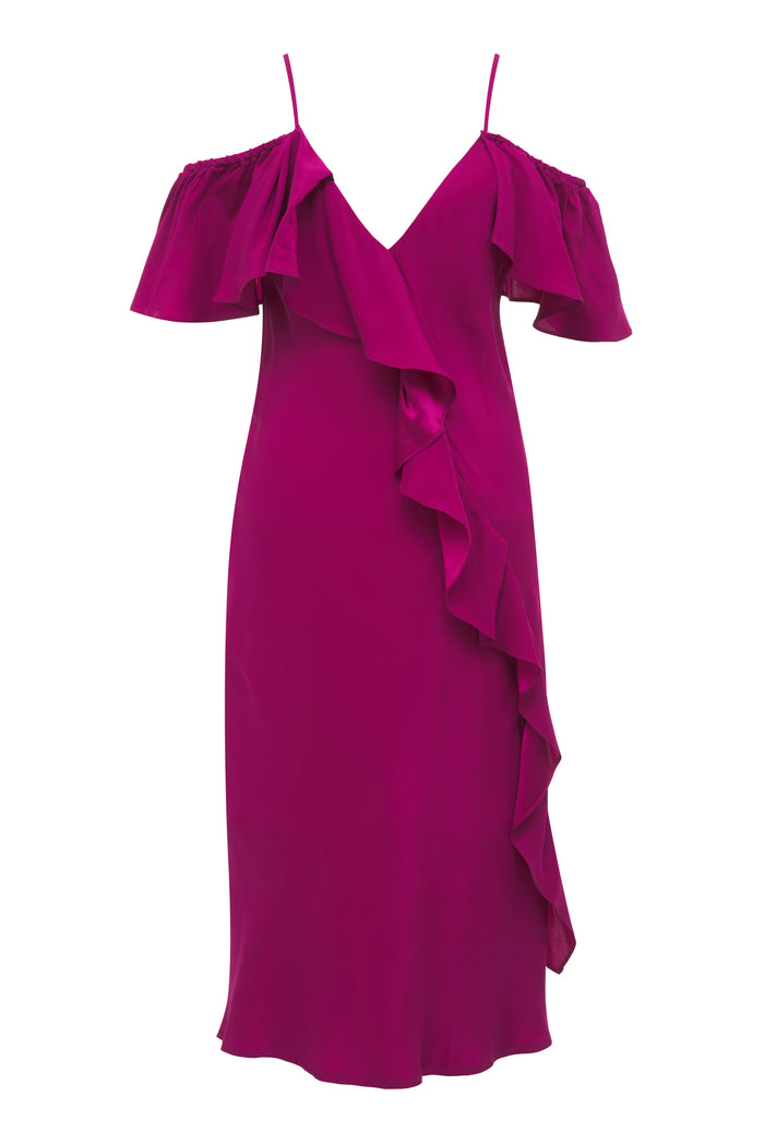 gold hawk Victoria Ruffle Bias Dress Charmeuse Fuchsia