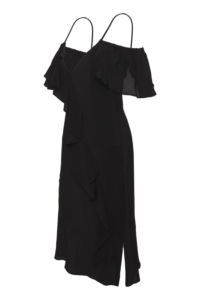 Gold Hawk Victoria Ruffle Bias Dress Georgette Black