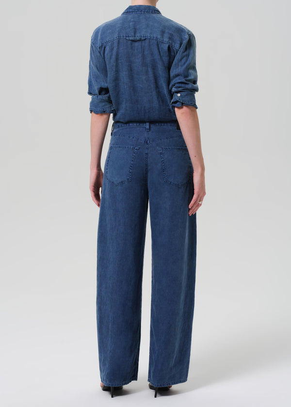 Gold Sign Brynn Drawstring Linen Trouser In Dark Indigo Stone