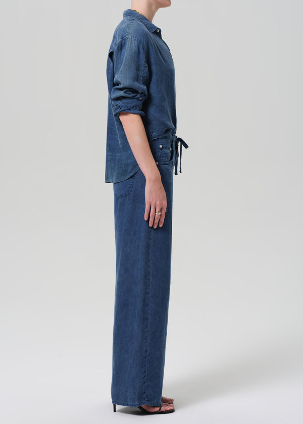 Gold Sign Brynn Drawstring Linen Trouser In Dark Indigo Stone