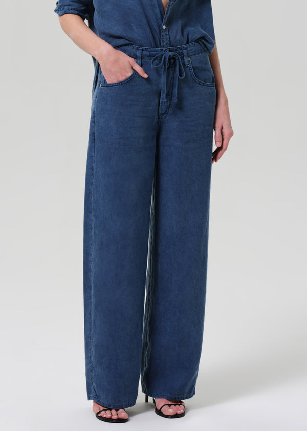 Gold Sign Brynn Drawstring Linen Trouser In Dark Indigo Stone