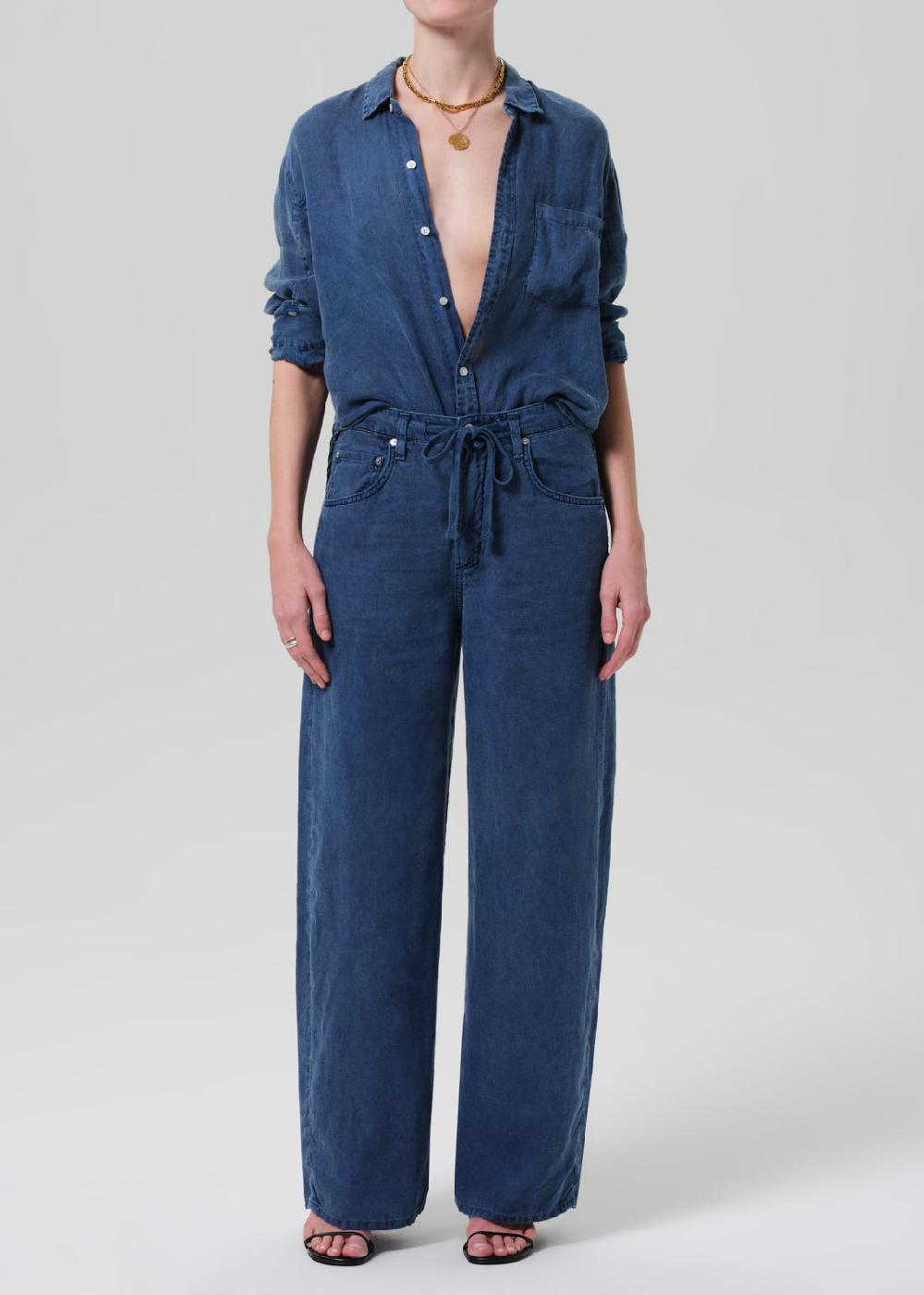 gold sign Brynn Drawstring Linen Trouser In Dark Indigo Stone
