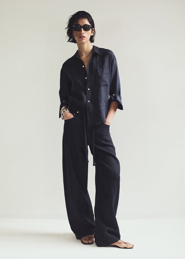 Gold Sign Brynn Drawstring Linen Trouser In True Navy