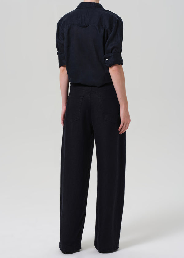 Gold Sign Brynn Drawstring Linen Trouser In True Navy